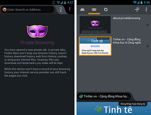 Firefox Beta 20 cho Android: duyệt web riêng tư theo từng tab, hỗ trợ thêm các máy cấu hình thấp