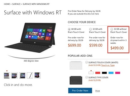 Surface bản 32GB không kèm bàn phím kiêm vỏ bảo vệ cháy hàng chỉ sau 1 ngày